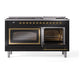 ILVE Nostalgie II 60-Inch Dual Fuel Range with 9 Sealed Burners + Griddle, 5.8 cu. ft. Oven, Glossy Black with Brass Trim, Liquid Propane, Triple Glass Door, UN60FNMPBKGLP