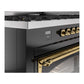 ILVE Nostalgie II 60-Inch Dual Fuel Range with 9 Sealed Burners + Griddle, 5.8 cu. ft. Oven, Glossy Black with Brass Trim, Liquid Propane, Triple Glass Door, UN60FNMPBKGLP