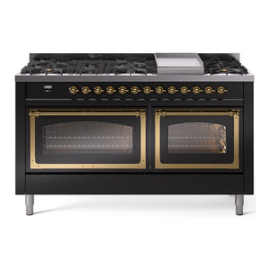 ILVE Nostalgie II 60-Inch Dual Fuel Range with 9 Sealed Burners + Griddle, 5.8 cu. ft. Oven, Glossy Black with Brass Trim, Natural Gas, Triple Glass Door, UN60FNMPBKG