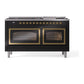 ILVE Nostalgie II 60-Inch Dual Fuel Range with 9 Sealed Burners + Griddle, 5.8 cu. ft. Oven, Glossy Black with Brass Trim, Natural Gas, Triple Glass Door, UN60FNMPBKG
