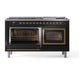 ILVE Nostalgie II 60-Inch Dual Fuel Range with 9 Sealed Burners + Griddle, 5.8 cu. ft. Oven, Glossy Black with Brass Trim, Natural Gas, Triple Glass Door, UN60FNMPBKG