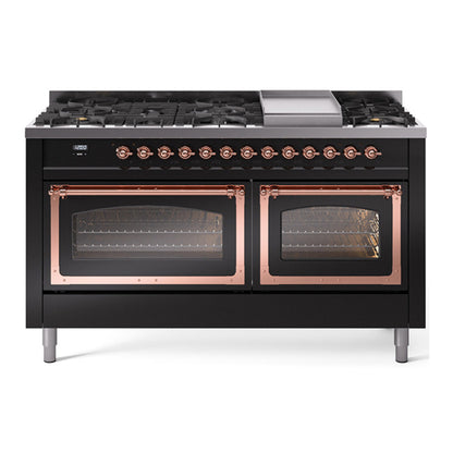 ILVE Nostalgie II 60-Inch Dual Fuel Range with 9 Sealed Burners + Griddle, 5.8 cu. ft. Oven, Glossy Black with Copper Trim, Liquid Propane, Triple Glass Door, UN60FNMPBKPLP