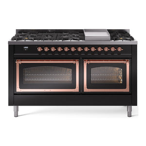 ILVE Nostalgie II 60-Inch Dual Fuel Range with 9 Sealed Burners + Griddle, 5.8 cu. ft. Oven, Glossy Black with Copper Trim, Natural Gas, Triple Glass Door, UN60FNMPBKP