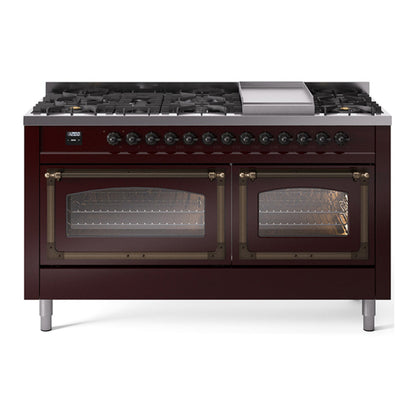 ILVE Nostalgie II 60-Inch Dual Fuel Range with 9 Sealed Burners + Griddle, 5.8 cu. ft. Oven, Burgundy with Burnished Trim, Liquid Propane, Triple Glass Door, UN60FNMPBUBLP