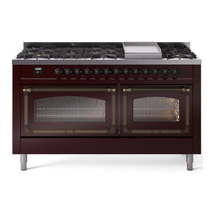 ILVE Nostalgie II 60-Inch Dual Fuel Range with 9 Sealed Burners + Griddle, 5.8 cu. ft. Oven, Burgundy with Burnished Trim, Natural Gas, Triple Glass Door, UN60FNMPBUB