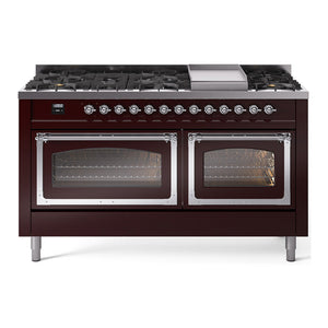 ILVE Nostalgie II 60-Inch Dual Fuel Range with 9 Sealed Burners + Griddle, 5.8 cu. ft. Oven, Burgundy with Chrome Trim, Liquid Propane, Triple Glass Door, UN60FNMPBUCLP