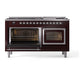ILVE Nostalgie II 60-Inch Dual Fuel Range with 9 Sealed Burners + Griddle, 5.8 cu. ft. Oven, Burgundy with Chrome Trim, Natural Gas, Triple Glass Door, UN60FNMPBUC