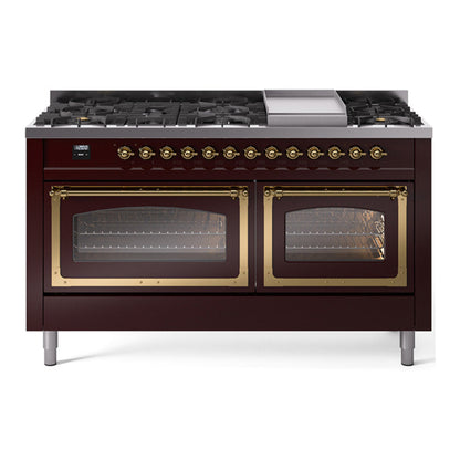 ILVE Nostalgie II 60-Inch Dual Fuel Range with 9 Sealed Burners + Griddle, 5.8 cu. ft. Oven, Burgundy with Brass Trim, Liquid Propane, Triple Glass Door, UN60FNMPBUGLP
