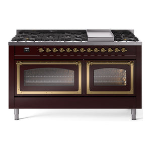 ILVE Nostalgie II 60-Inch Dual Fuel Range with 9 Sealed Burners + Griddle, 5.8 cu. ft. Oven, Burgundy with Brass Trim, Natural Gas, Triple Glass Door, UN60FNMPBUG