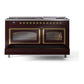 ILVE Nostalgie II 60-Inch Dual Fuel Range with 9 Sealed Burners + Griddle, 5.8 cu. ft. Oven, Burgundy with Brass Trim, Natural Gas, Triple Glass Door, UN60FNMPBUG