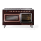 ILVE Nostalgie II 60-Inch Dual Fuel Range with 9 Sealed Burners + Griddle, 5.8 cu. ft. Oven, Burgundy with Copper Trim, Liquid Propane, Triple Glass Door, UN60FNMPBUPLP