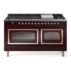 ILVE Nostalgie II 60-Inch Dual Fuel Range with 9 Sealed Burners + Griddle, 5.8 cu. ft. Oven, Burgundy with Copper Trim, Natural Gas, Triple Glass Door, UN60FNMPBUP