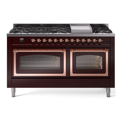 ILVE Nostalgie II 60-Inch Dual Fuel Range with 9 Sealed Burners + Griddle, 5.8 cu. ft. Oven, Burgundy with Copper Trim, Natural Gas, Triple Glass Door, UN60FNMPBUP