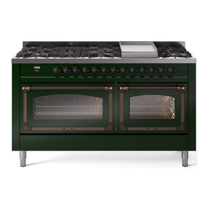 ILVE Nostalgie II 60-Inch Dual Fuel Range with 9 Sealed Burners + Griddle, 5.8 cu. ft. Oven, Emerald Green with Burnished Trim, Natural Gas, Triple Glass Door, UN60FNMPEGB