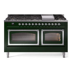 ILVE Nostalgie II 60-Inch Dual Fuel Range with 9 Sealed Burners + Griddle, 5.8 cu. ft. Oven, Emerald Green with Chrome Trim, Liquid Propane, Triple Glass Door, UN60FNMPEGCLP