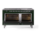 ILVE Nostalgie II 60-Inch Dual Fuel Range with 9 Sealed Burners + Griddle, 5.8 cu. ft. Oven, Emerald Green with Chrome Trim, Liquid Propane, Triple Glass Door, UN60FNMPEGCLP
