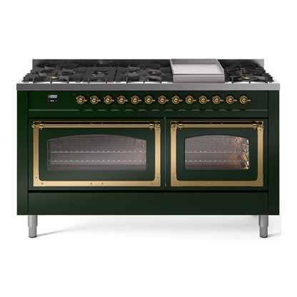 ILVE Nostalgie II 60-Inch Dual Fuel Range with 9 Sealed Burners + Griddle, 5.8 cu. ft. Oven, Emerald Green with Brass Trim, Liquid Propane, Triple Glass Door, UN60FNMPEGGLP