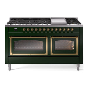 ILVE Nostalgie II 60-Inch Dual Fuel Range with 9 Sealed Burners + Griddle, 5.8 cu. ft. Oven, Emerald Green with Brass Trim, Natural Gas, Triple Glass Door, UN60FNMPEGG