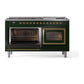 ILVE Nostalgie II 60-Inch Dual Fuel Range with 9 Sealed Burners + Griddle, 5.8 cu. ft. Oven, Emerald Green with Brass Trim, Natural Gas, Triple Glass Door, UN60FNMPEGG
