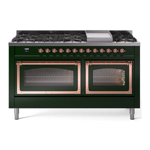 ILVE Nostalgie II 60-Inch Dual Fuel Range with 9 Sealed Burners + Griddle, 5.8 cu. ft. Oven, Emerald Green with Copper Trim, Natural Gas, Triple Glass Door, UN60FNMPEGP
