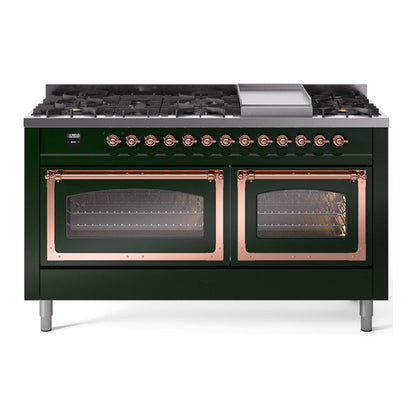 ILVE Nostalgie II 60-Inch Dual Fuel Range with 9 Sealed Burners + Griddle, 5.8 cu. ft. Oven, Emerald Green with Copper Trim, Natural Gas, Triple Glass Door, UN60FNMPEGP