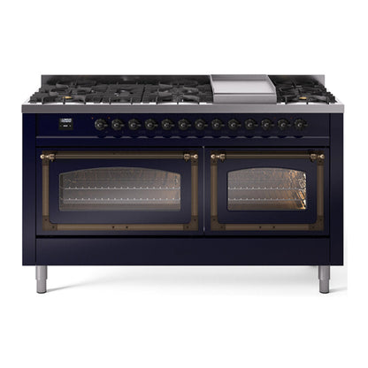 ILVE Nostalgie II 60-Inch Dual Fuel Range with 9 Sealed Burners + Griddle, 5.8 cu. ft. Oven, Midnight Blue with Burnished Trim, Liquid Propane, Triple Glass Door, UN60FNMPMBBLP