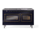 ILVE Nostalgie II 60-Inch Dual Fuel Range with 9 Sealed Burners + Griddle, 5.8 cu. ft. Oven, Midnight Blue with Burnished Trim, Natural Gas, Triple Glass Door, UN60FNMPMBB