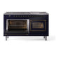ILVE Nostalgie II 60-Inch Dual Fuel Range with 9 Sealed Burners + Griddle, 5.8 cu. ft. Oven, Midnight Blue with Burnished Trim, Natural Gas, Triple Glass Door, UN60FNMPMBB