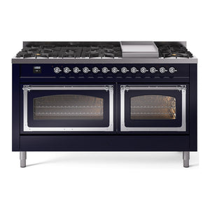 ILVE Nostalgie II 60-Inch Dual Fuel Range with 9 Sealed Burners + Griddle, 5.8 cu. ft. Oven, Midnight Blue with Chrome Trim, Natural Gas, Triple Glass Door, UN60FNMPMBC