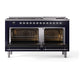 ILVE Nostalgie II 60-Inch Dual Fuel Range with 9 Sealed Burners + Griddle, 5.8 cu. ft. Oven, Midnight Blue with Chrome Trim, Natural Gas, Triple Glass Door, UN60FNMPMBC