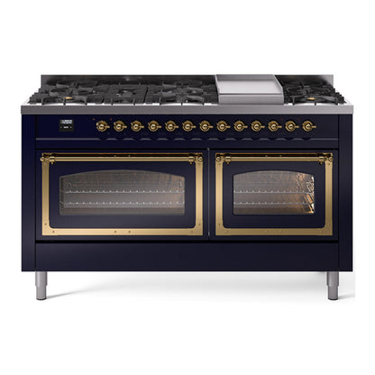 ILVE Nostalgie II 60-Inch Dual Fuel Range with 9 Sealed Burners + Griddle, 5.8 cu. ft. Oven, Midnight Blue with Brass Trim, Liquid Propane, Triple Glass Door, UN60FNMPMBGLP