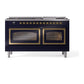 ILVE Nostalgie II 60-Inch Dual Fuel Range with 9 Sealed Burners + Griddle, 5.8 cu. ft. Oven, Midnight Blue with Brass Trim, Liquid Propane, Triple Glass Door, UN60FNMPMBGLP
