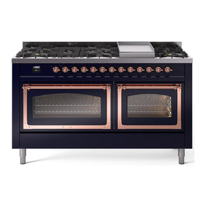 ILVE Nostalgie II 60-Inch Dual Fuel Range with 9 Sealed Burners + Griddle, 5.8 cu. ft. Oven, Midnight Blue with Copper Trim, Liquid Propane, Triple Glass Door, UN60FNMPMBPLP