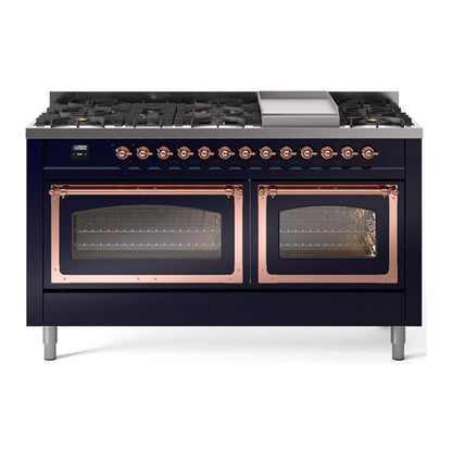 ILVE Nostalgie II 60-Inch Dual Fuel Range with 9 Sealed Burners + Griddle, 5.8 cu. ft. Oven, Midnight Blue with Copper Trim, Liquid Propane, Triple Glass Door, UN60FNMPMBPLP