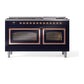 ILVE Nostalgie II 60-Inch Dual Fuel Range with 9 Sealed Burners + Griddle, 5.8 cu. ft. Oven, Midnight Blue with Copper Trim, Liquid Propane, Triple Glass Door, UN60FNMPMBPLP