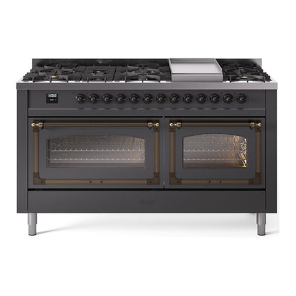 ILVE Nostalgie II 60-Inch Dual Fuel Range with 9 Sealed Burners + Griddle, 5.8 cu. ft. Oven, Graphite Matte with Burnished Trim, Liquid Propane, Triple Glass Door, UN60FNMPMGBLP