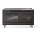 ILVE Nostalgie II 60-Inch Dual Fuel Range with 9 Sealed Burners + Griddle, 5.8 cu. ft. Oven, Graphite Matte with Burnished Trim, Natural Gas, Triple Glass Door, UN60FNMPMGB