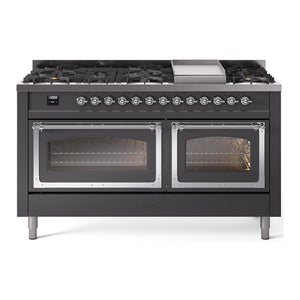 ILVE Nostalgie II 60-Inch Dual Fuel Range with 9 Sealed Burners + Griddle, 5.8 cu. ft. Oven, Graphite Matte with Chrome Trim, Liquid Propane, Triple Glass Door, UN60FNMPMGCLP