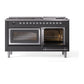 ILVE Nostalgie II 60-Inch Dual Fuel Range with 9 Sealed Burners + Griddle, 5.8 cu. ft. Oven, Graphite Matte with Chrome Trim, Natural Gas, Triple Glass Door, UN60FNMPMGC