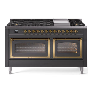ILVE Nostalgie II 60-Inch Dual Fuel Range with 9 Sealed Burners + Griddle, 5.8 cu. ft. Oven, Graphite Matte with Brass Trim, Liquid Propane, Triple Glass Door, UN60FNMPMGGLP