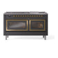 ILVE Nostalgie II 60-Inch Dual Fuel Range with 9 Sealed Burners + Griddle, 5.8 cu. ft. Oven, Graphite Matte with Brass Trim, Liquid Propane, Triple Glass Door, UN60FNMPMGGLP