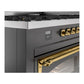 ILVE Nostalgie II 60-Inch Dual Fuel Range with 9 Sealed Burners + Griddle, 5.8 cu. ft. Oven, Graphite Matte with Brass Trim, Liquid Propane, Triple Glass Door, UN60FNMPMGGLP