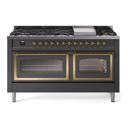 ILVE Nostalgie II 60-Inch Dual Fuel Range with 9 Sealed Burners + Griddle, 5.8 cu. ft. Oven, Graphite Matte with Brass Trim, Natural Gas, Triple Glass Door, UN60FNMPMGG