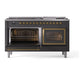 ILVE Nostalgie II 60-Inch Dual Fuel Range with 9 Sealed Burners + Griddle, 5.8 cu. ft. Oven, Graphite Matte with Brass Trim, Natural Gas, Triple Glass Door, UN60FNMPMGG