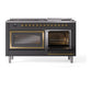 ILVE Nostalgie II 60-Inch Dual Fuel Range with 9 Sealed Burners + Griddle, 5.8 cu. ft. Oven, Graphite Matte with Brass Trim, Natural Gas, Triple Glass Door, UN60FNMPMGG