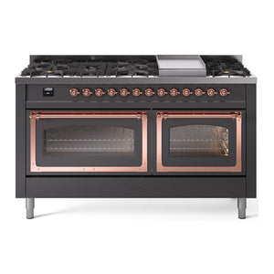 ILVE Nostalgie II 60-Inch Dual Fuel Range with 9 Sealed Burners + Griddle, 5.8 cu. ft. Oven, Graphite Matte with Copper Trim, Liquid Propane, Triple Glass Door, UN60FNMPMGPLP