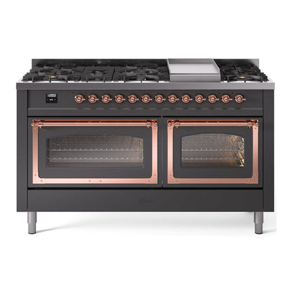 ILVE Nostalgie II 60-Inch Dual Fuel Range with 9 Sealed Burners + Griddle, 5.8 cu. ft. Oven, Graphite Matte with Copper Trim, Liquid Propane, Triple Glass Door, UN60FNMPMGPLP