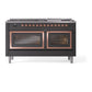 ILVE Nostalgie II 60-Inch Dual Fuel Range with 9 Sealed Burners + Griddle, 5.8 cu. ft. Oven, Graphite Matte with Copper Trim, Liquid Propane, Triple Glass Door, UN60FNMPMGPLP