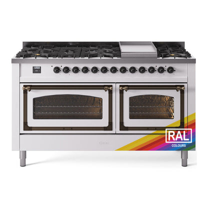 ILVE Nostalgie II 60-Inch Dual Fuel Range with 9 Sealed Burners + Griddle, 5.8 cu. ft. Oven, RAL with Burnished Trim, Liquid Propane, Triple Glass Door, UN60FNMPRABLP
