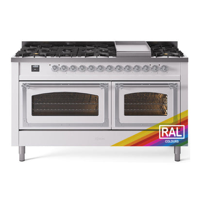 ILVE Nostalgie II 60-Inch Dual Fuel Range with 9 Sealed Burners + Griddle, 5.8 cu. ft. Oven, RAL with Chrome Trim, Natural Gas, Triple Glass Door, UN60FNMPRAC